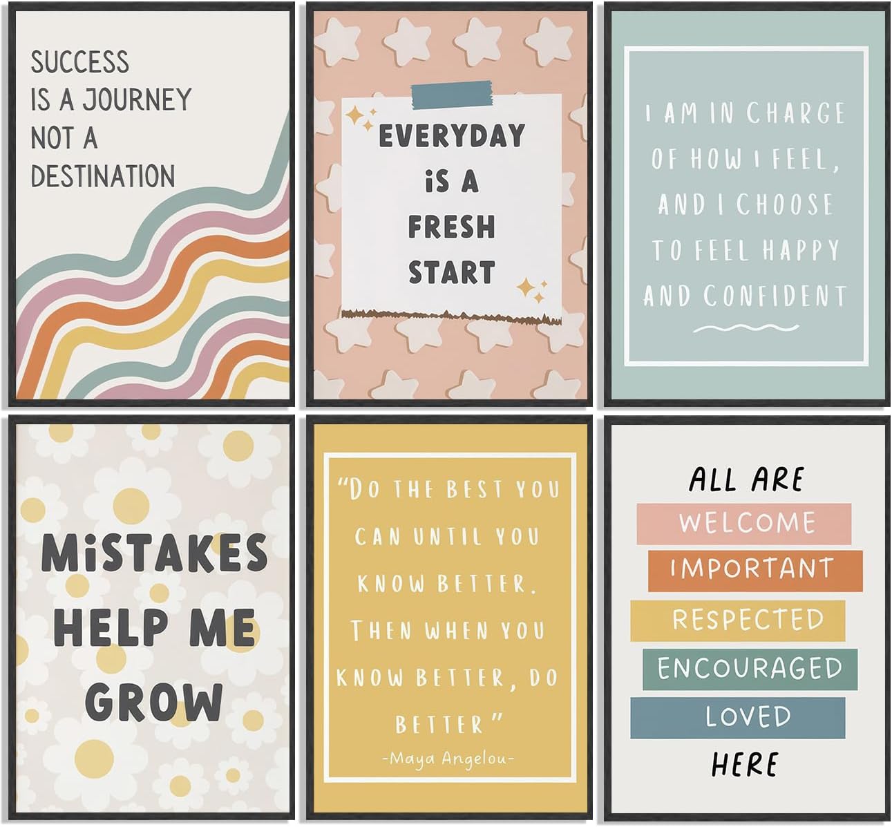 6Pcs Boho Inspirational Posters Wall Art Positive Affirmations Growth Mindset Canvas Wall Decor Pictures Classroom School Posters Wall Prints for Children's Room nursery School 12x16in Unframed