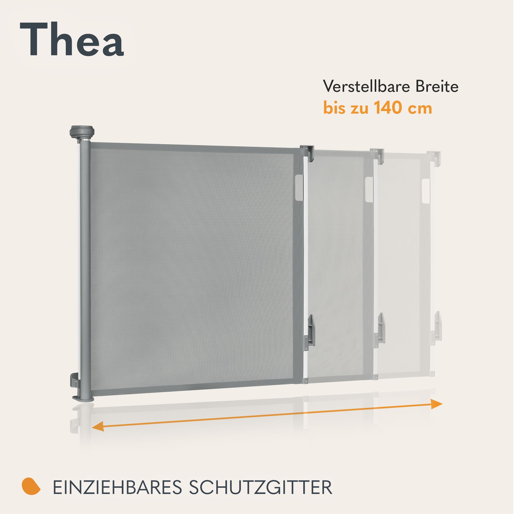 Lionelo Thea Treppenschutzgitter Ausziehbar für Babys, Hunde bis 140 cm | Türschutzgitter Kindertreppenschutzgitter Schutzgitter ohne Schwelle Doppelverriegelung UV-Schutz, 3 Montagesets Stabi