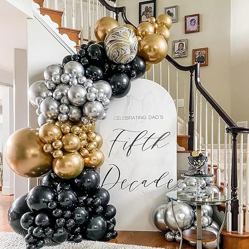 Miniatura 3 de Kit de arco de guirnalda de globos plateados de oro negro con cromo metálico dorado plateado 169 globos de varios tamaños para aniversario, fiesta
