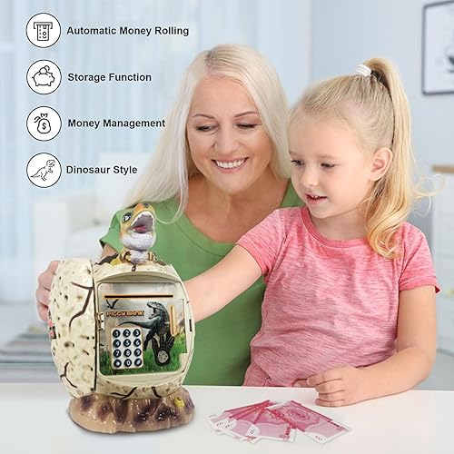 Miniatura 2 de Alcancía para niños, máquina de cajero automático de huevos de dinosaurio para dinero real con contraseña digital, desbloqueo de huellas dactilares,