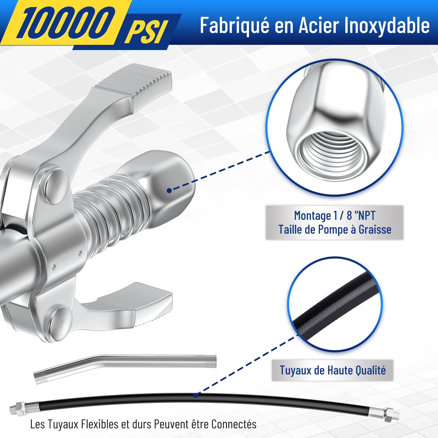 Embout De Pistolet à Graisse Avec Tuyau 30 Cm – Raccord Universel M6-M14, Double Poignée, Pour Atelier Et Engins - 6