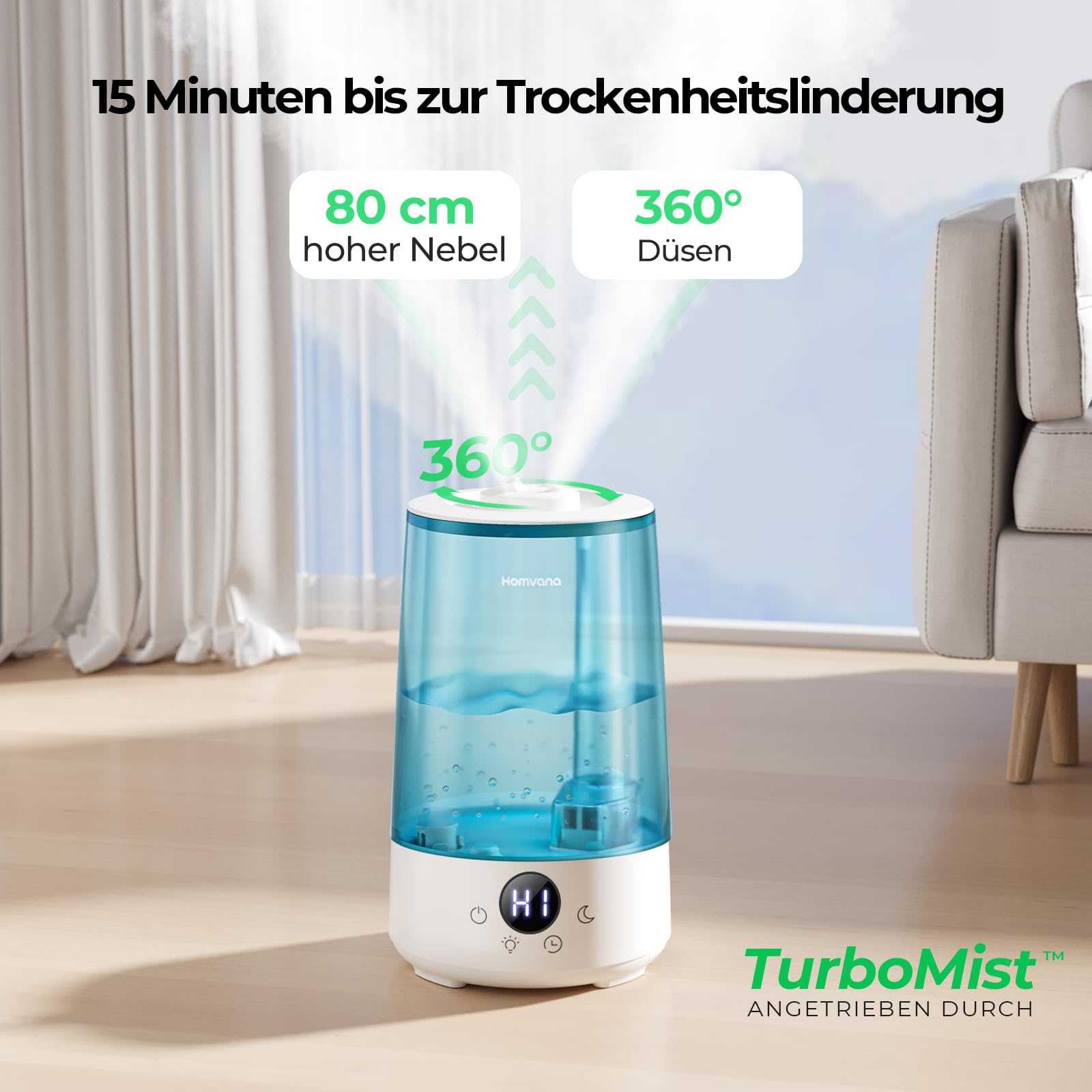 Homvana Cool Mist Bevochtiger, top-fill, slaapkamer, 3,6L, 360°, 34 uur, rustig 16 dB (SilentSpary Tech), klein, kinder- en babykamer, BPA-vrij, aromadiffuser voor planten, 7 kleuren, nachtlampje