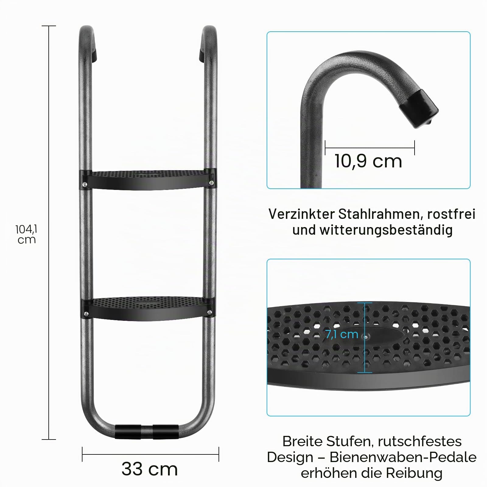 Trampolinleiter, rostbeständige Stahlleiter, rutschfeste Leiter für ft /12ft/14ft/16ft Trampoline,104cm Länge 2 Stufen Breitstufenleiter