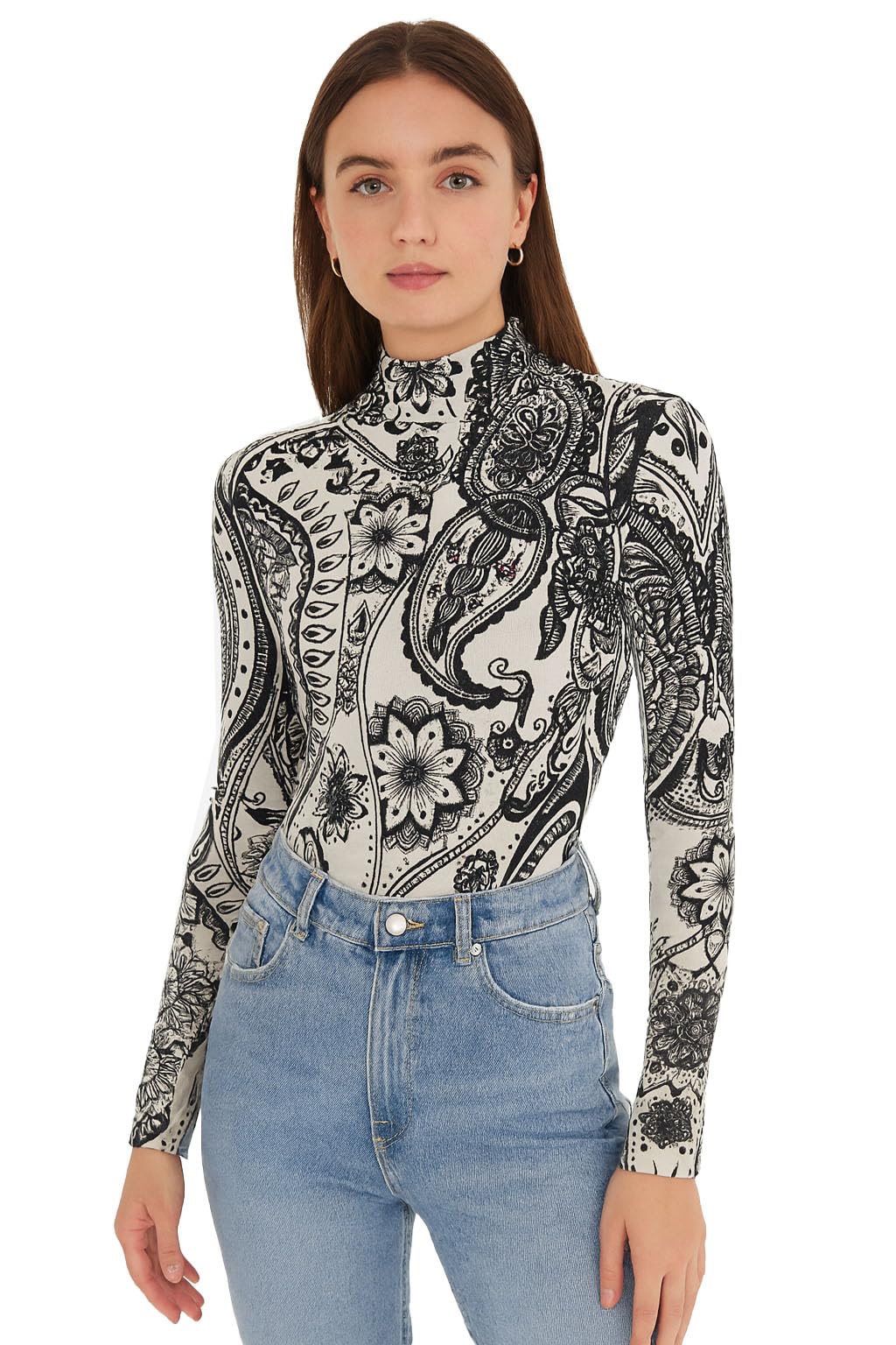 Women's Mock Neck Hollow Sheer Velvet Flocked Mesh Bodysuit BodyCon Top 8004-image-19