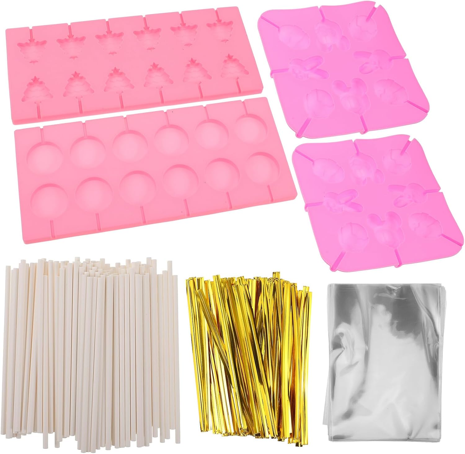 Zerodeko Christmas Silicone Candy Molds Set 7pcs with Lollipop Sticks and Treat Bags Chocolate Lollipop and Hard Candy Mold for Holiday Baking and DIY Making