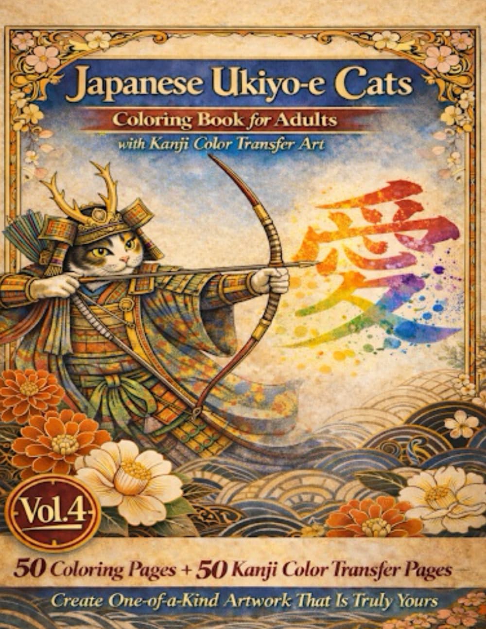 Japanese Ukiyo-e Cats Coloring Book for Adults with Kanji Color Transfer Art: 50 Coloring Pages + 50 Kanji Color Transfer Pages — Create One-of-a-Kind Kanji Artwork with Every Coloring
