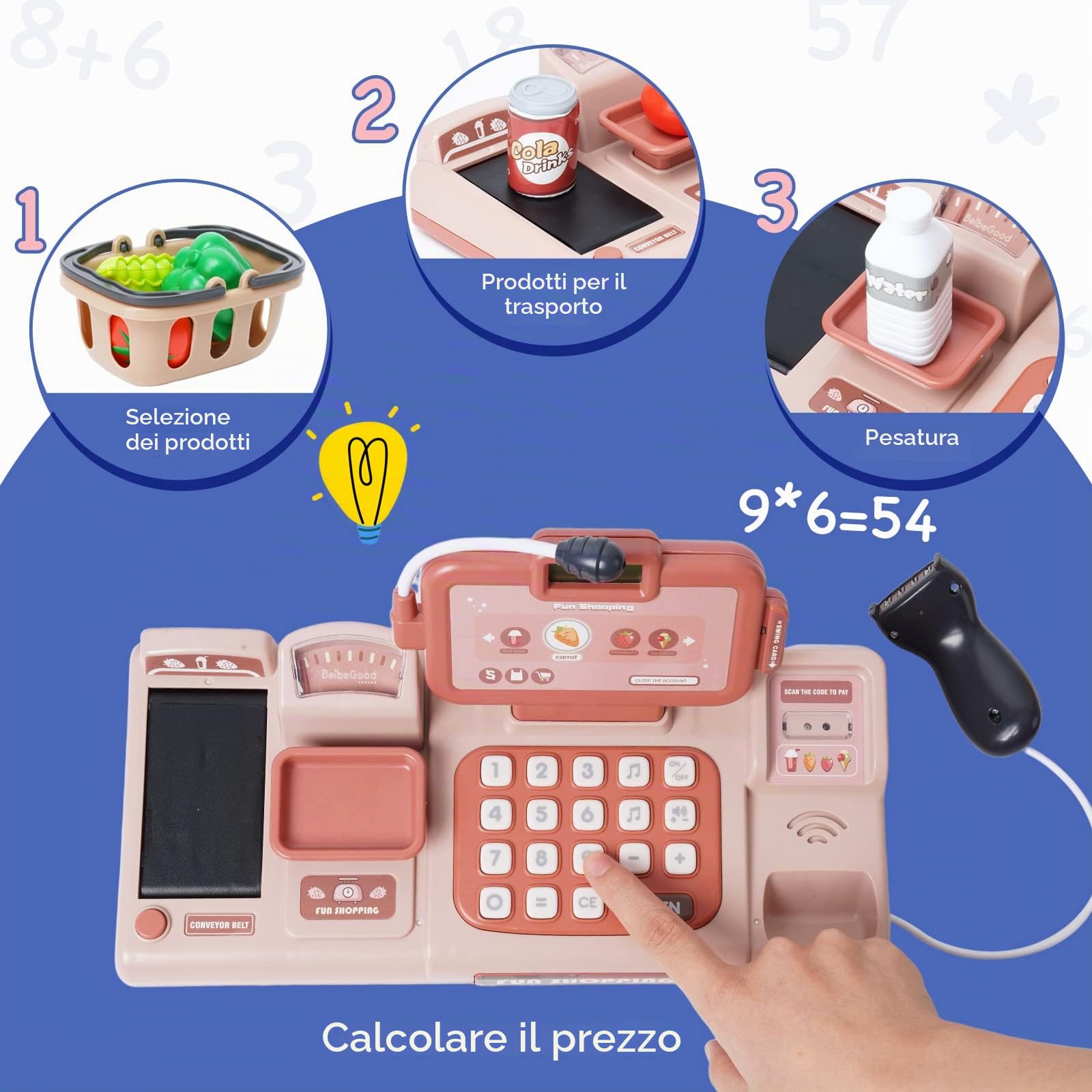 Registratore di Cassa Elettronico Supermercato Giocattolo con Suono, Cibo, Cestino Della Spesa Bambina 3 Anni, Supermercato Giocattolo per Bambini con Scanner Microfono