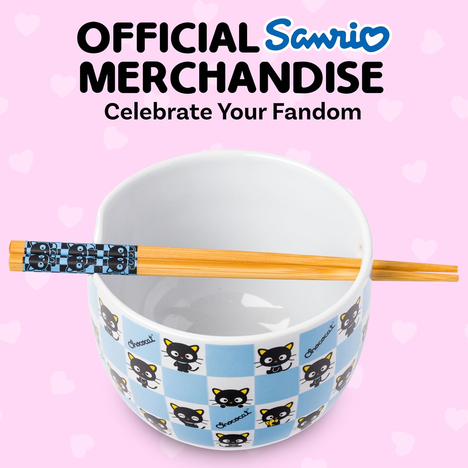 Silver Buffalo Hello Kitty and Friends Chococat Checkered Pattern Ceramic Ramen Noodle Rice Bowl with Chopsticks, Microwave Safe, 20 Ounces - Image 5
