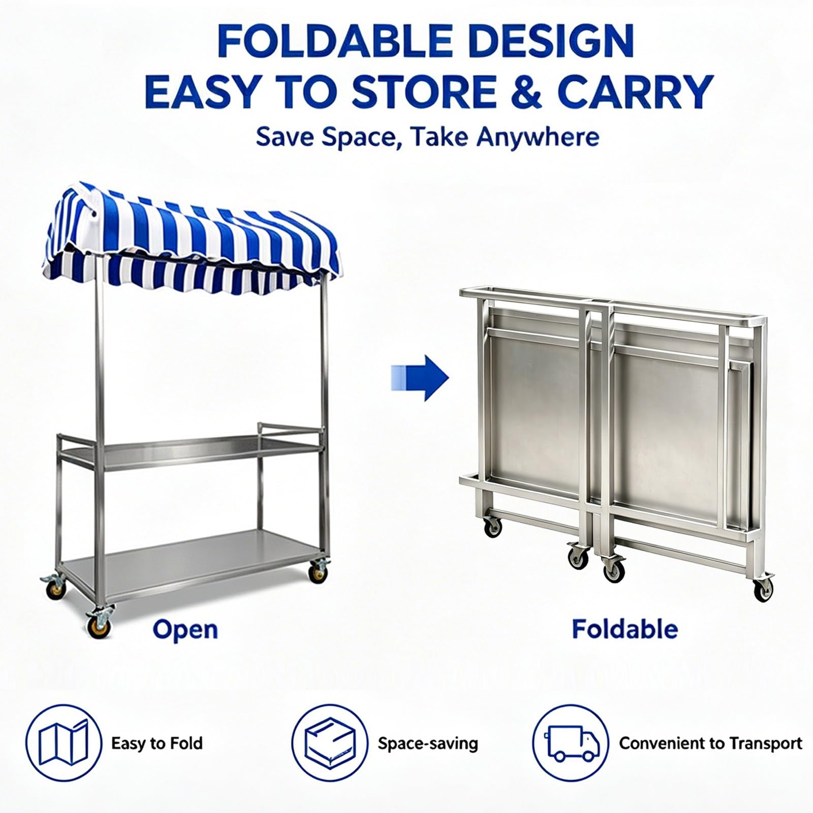 Carrito de Vendedor Plegable, Estructura Reforzada de Acero Al Carbono, Mesa de Dos Niveles, Carro de Venta Móvil con Toldo y Ruedas con Bloqueo, para Eventos(Yellow,50x100cm/20x39in)