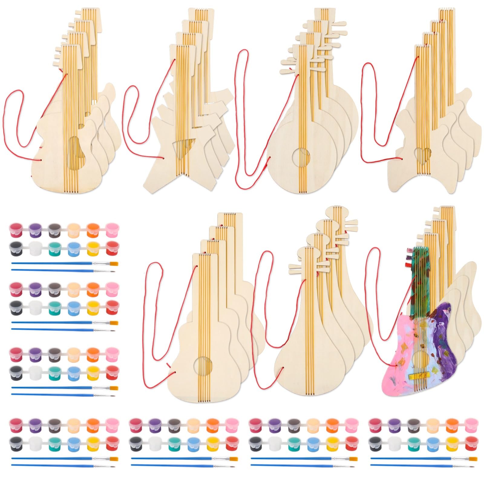 Gitarrenausschnitte aus Holz, fertig zum Basteln, inklusive 7 Farbsets und Zubehör, Blanko-Musikinstrument-Bastelsets für junge Künstler, 28 Stück