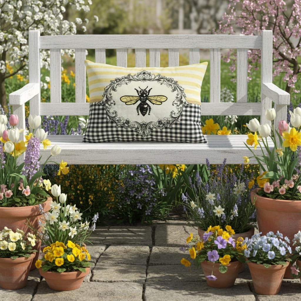 Comfy Hour 18"x13" Spring Bee Decorative Throw Pillow with Insert, Vintage French Country Style Cushion, Farmhouse Gingham Plaid Accent for Sofa and Patio, Polyester Home Decor, 1 Unit
