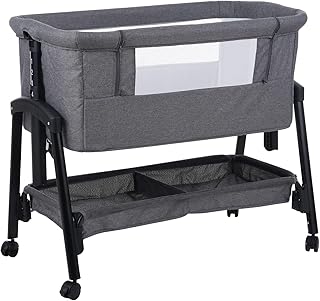 Kisdream® 3-in-1 Next to Me Crib: Baby Crib with Mattress | Co-Sleeper 5 Height Levels - Baby Cradle Folding Adjustable & Rocking - Bassinet with Wheels | Portable Cot & Bed for Travel