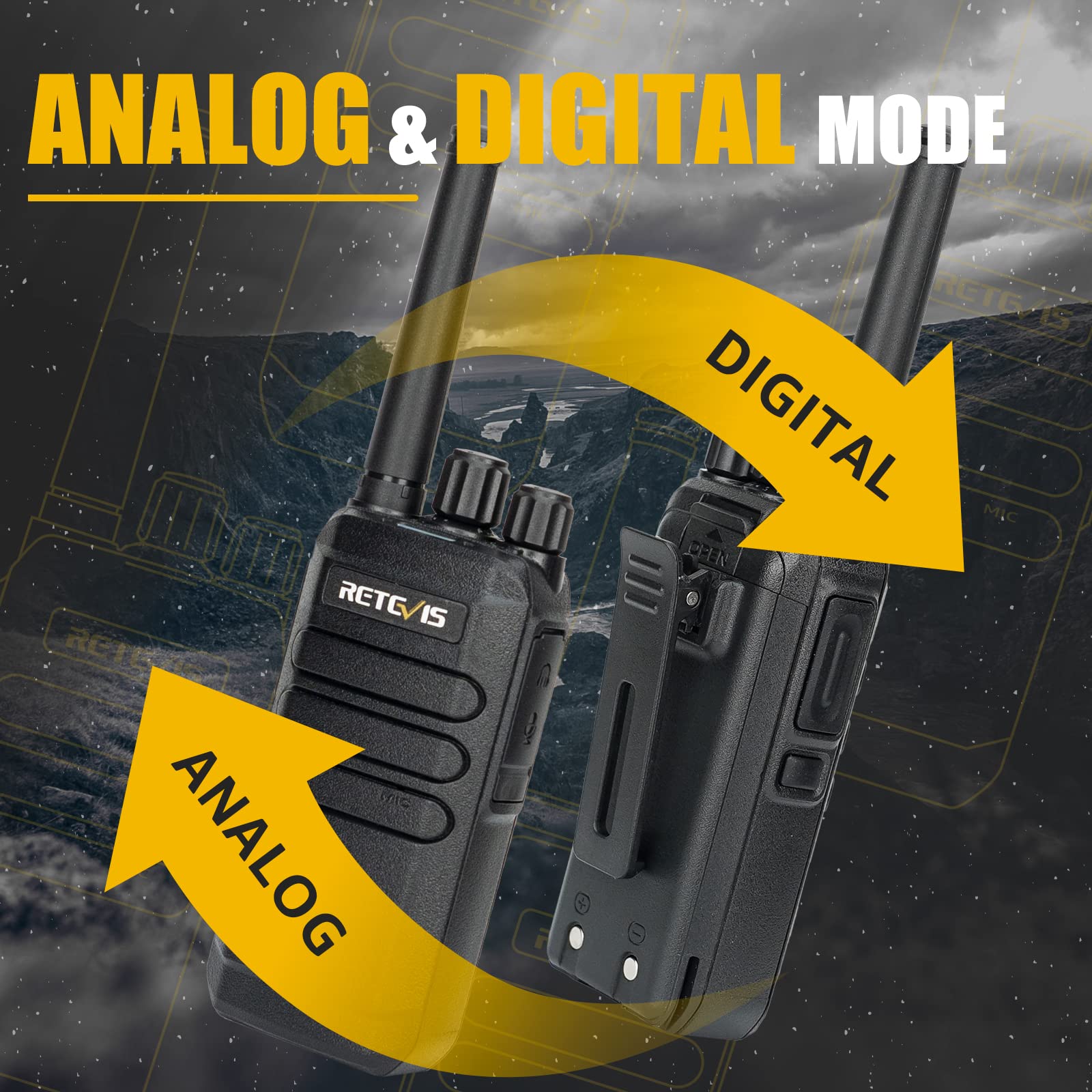 Retvis RT40 Digital DMR Walkie Talkie, PMR446 Free Free 2 Way Radio, 2000Mah, VOX, 48 kanałów cyfrowe/analogowe Walkie Talkie dla rodziny, podróży (czarny, 1PCS)