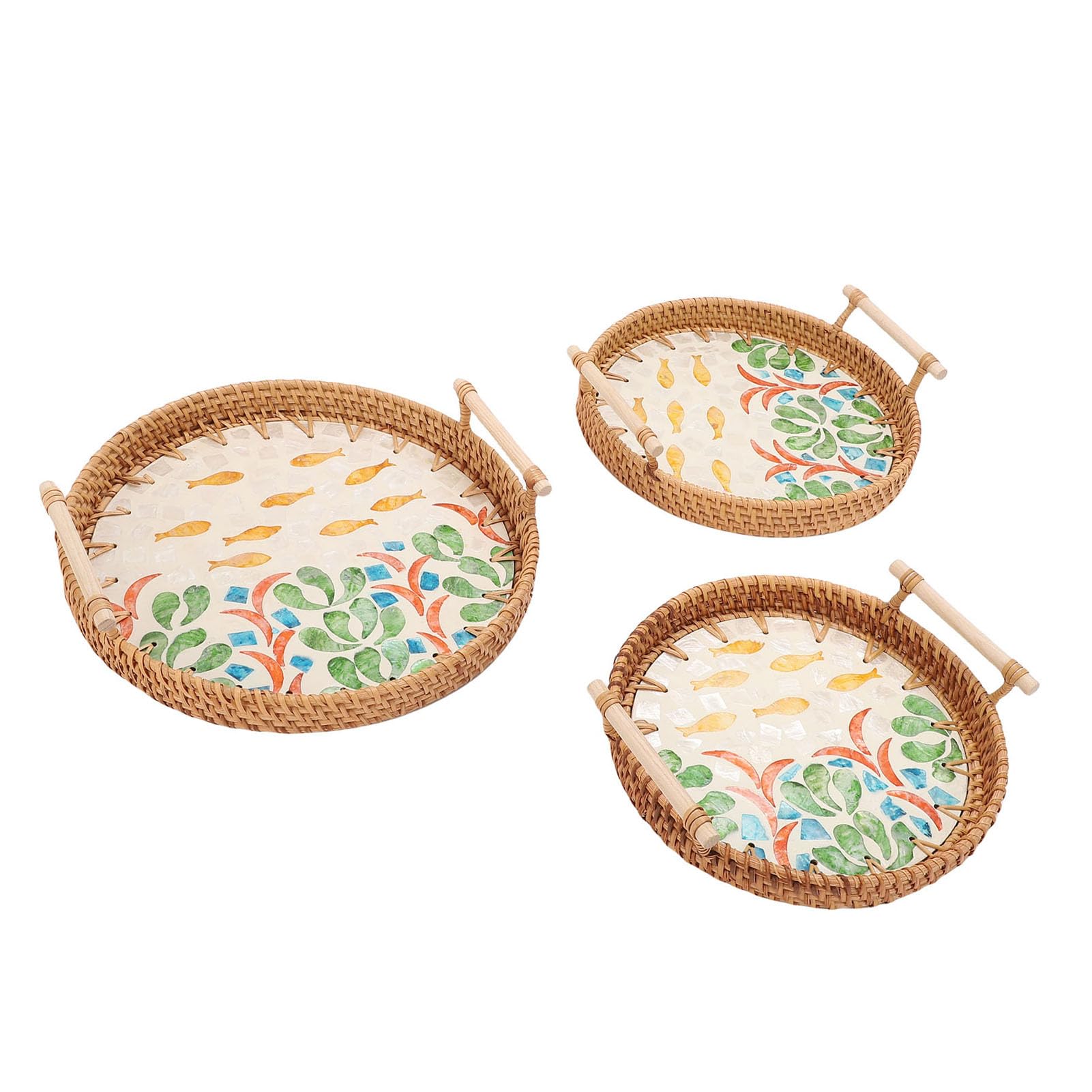 Domary Multi Purpose Rattan Tray Round 3 Pcs Woven Serving Baskets with