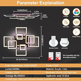 LED Ceiling Light 100W, Modern Dimmable Flush Mount with Remote [Energy Class E]
