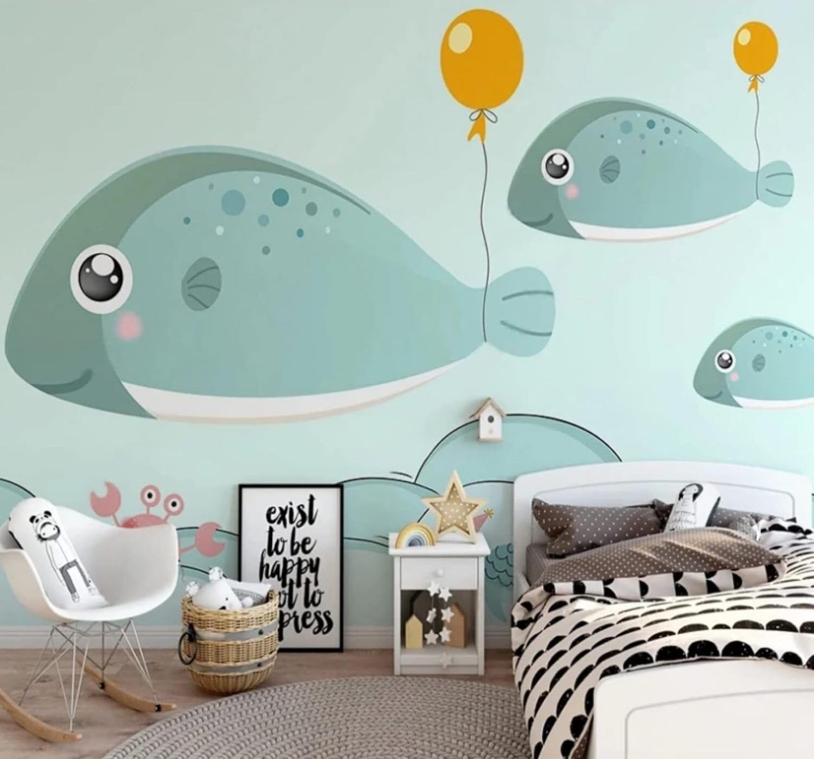 Xlming 200Cm×140Cm(B×H) Cartoon Hand Drawn Ocean Fish Balloons 3D Wallpaper Luxury Home Dining Decor Paste Sofa Living Room The Wall For Bedroom Mural-200Cm×140Cm