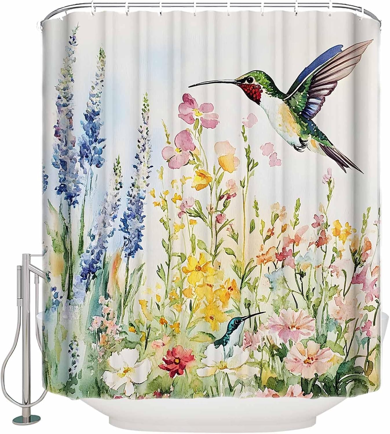 Floral Hummingbird Shower Curtain, Stall Shower Curtains for Bathroom/Bathtub, Spring Watercolor Flowers Waterproof Fabric Bathroom Curtain Set with 12 Hooks, 36" x 78"