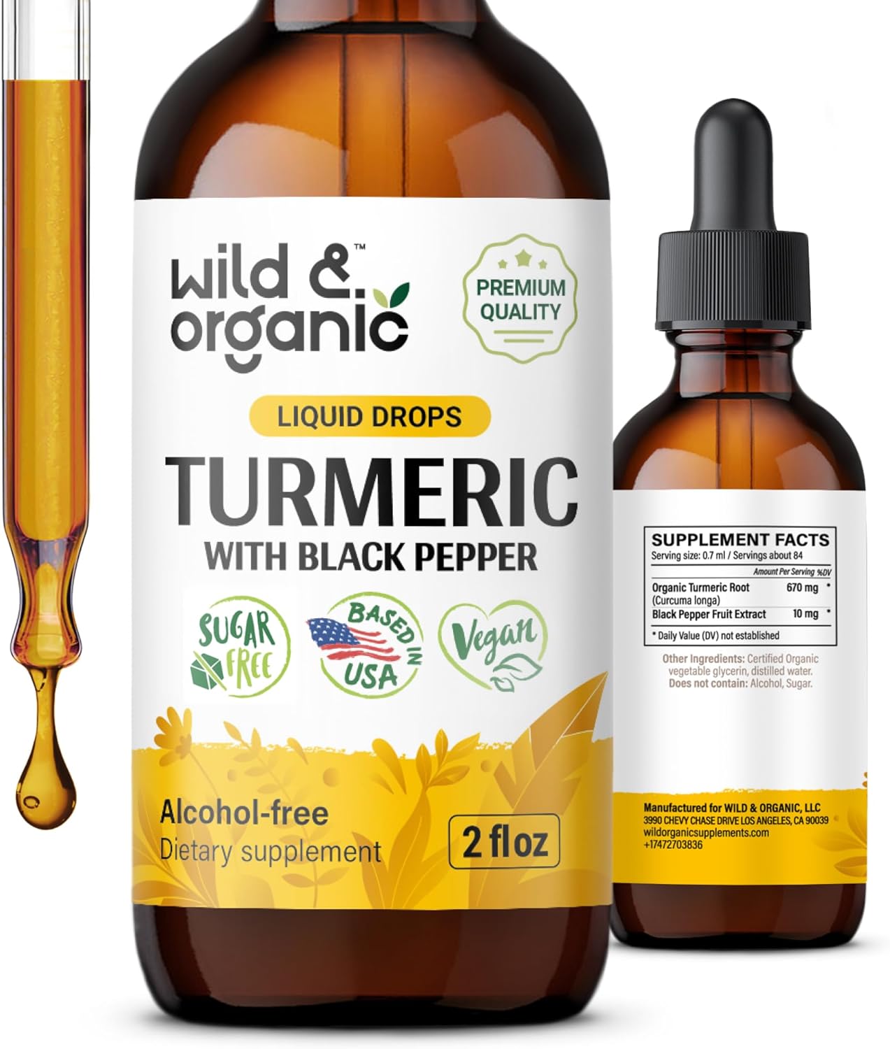 Wild &amp; Organic Turmeric Supplement Liquid - Joint Support - Turmeric Curcumin with Black Pepper Extract - Curcumin Root Drops - Vegan, Sugar &amp; Alcohol-Free Tincture - 2 fl oz