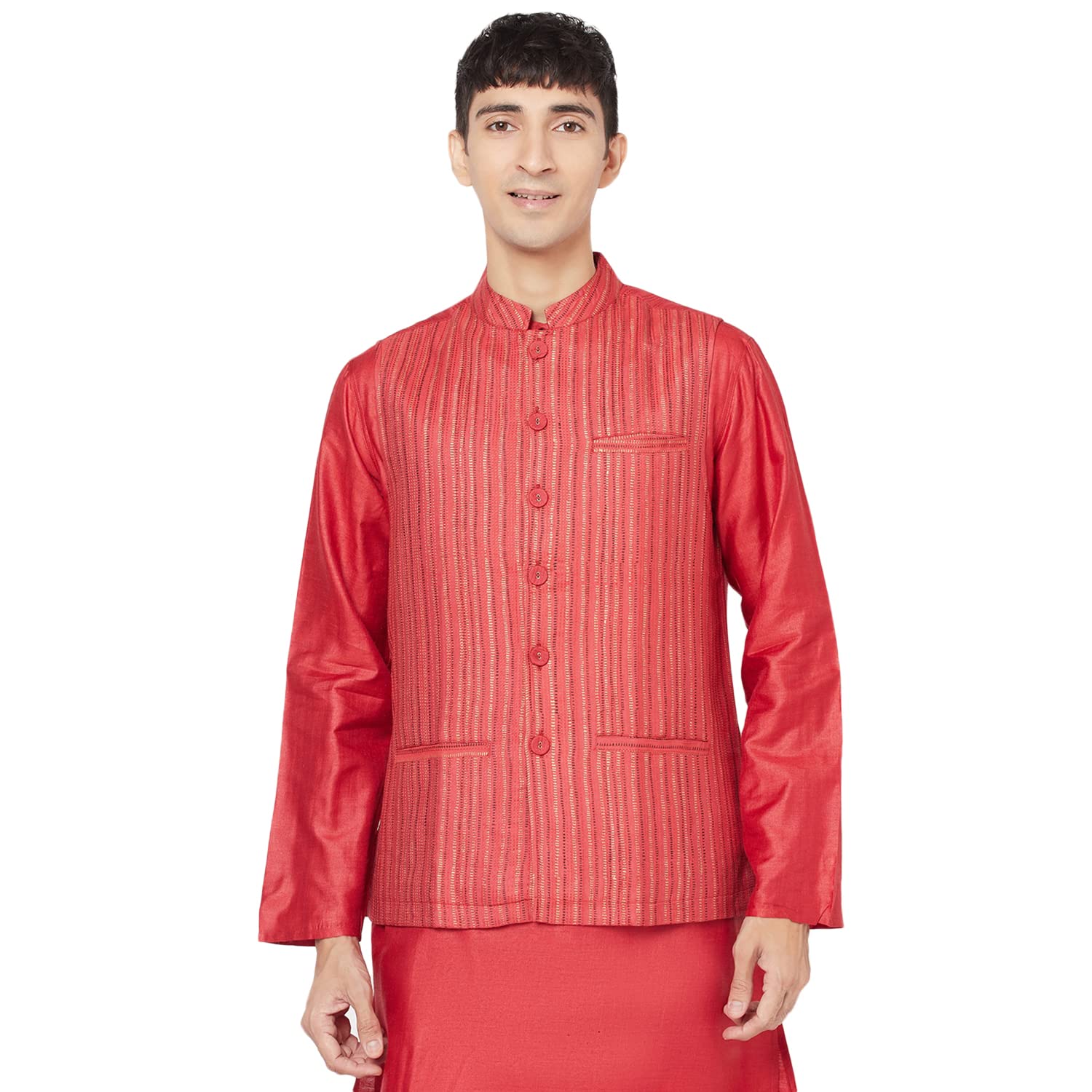 fabindia Men Tussar Block Printed Nehru Jacket Viscose-picture-19