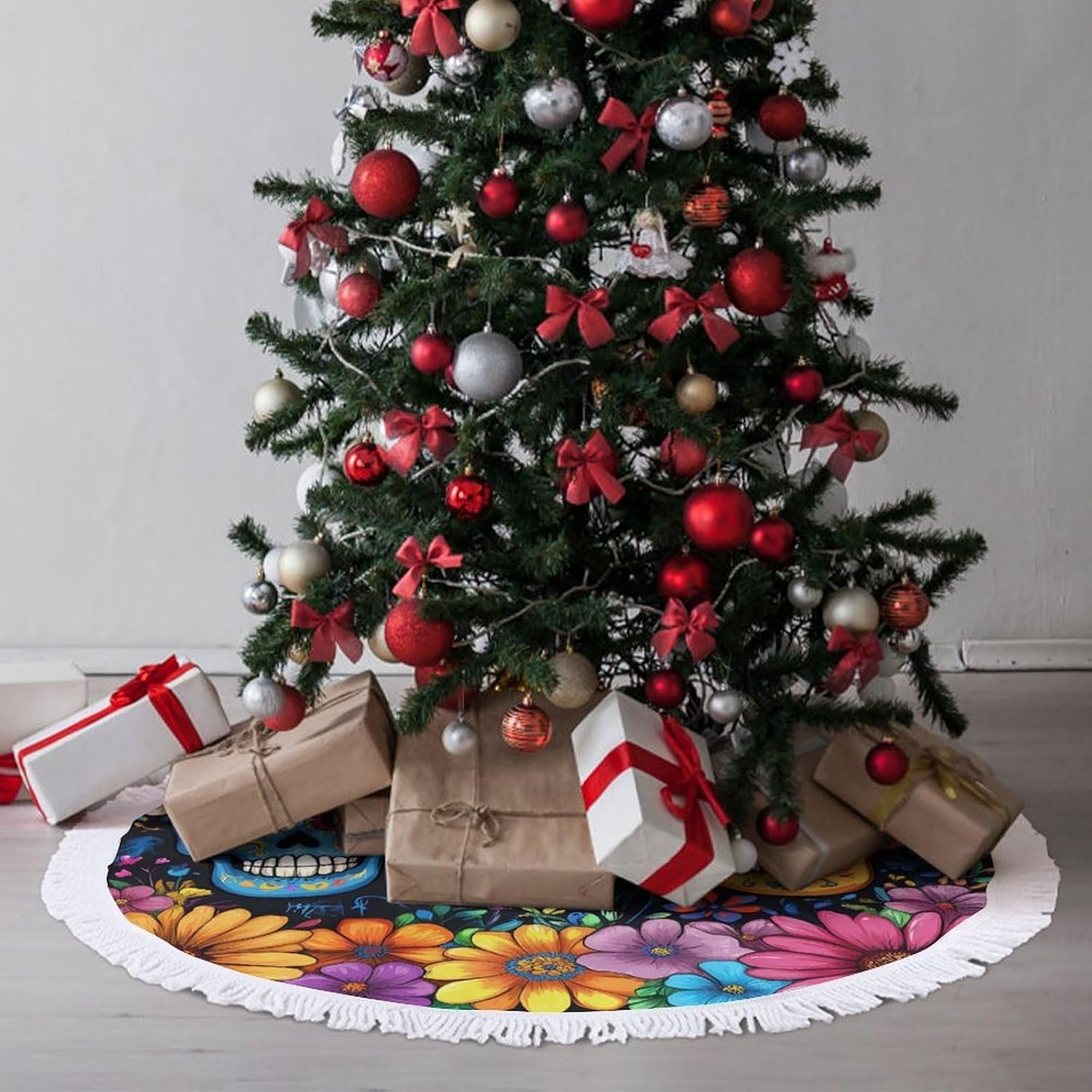 Day of The Dead Skull Flower Christmas Tree Skirt Round Xmas Tree Mat Ornaments Tree Skirts with Tassels for Holiday Party