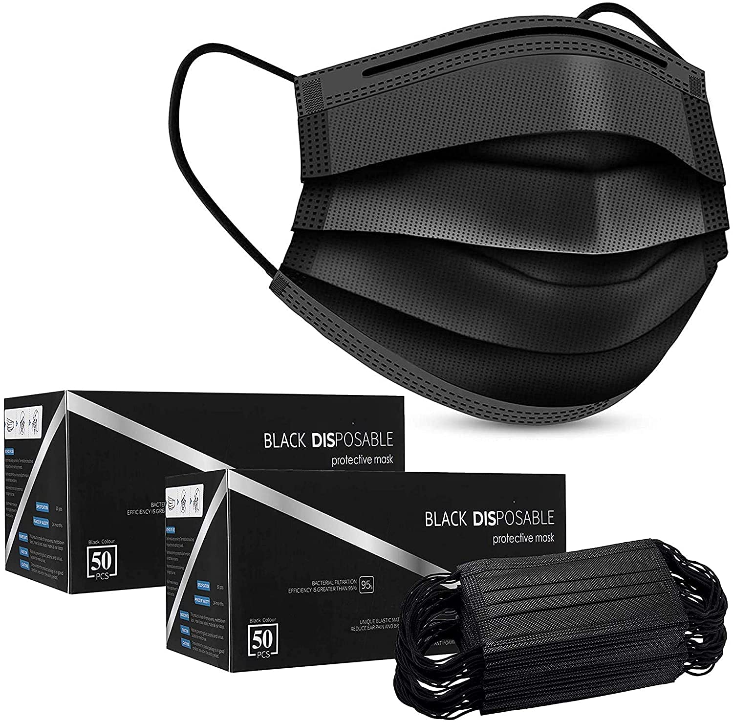 100pks Disposable Face masks | Breathable Triple Layer Mouth Cover with Elastic Ear loops| UK Seller (Black)