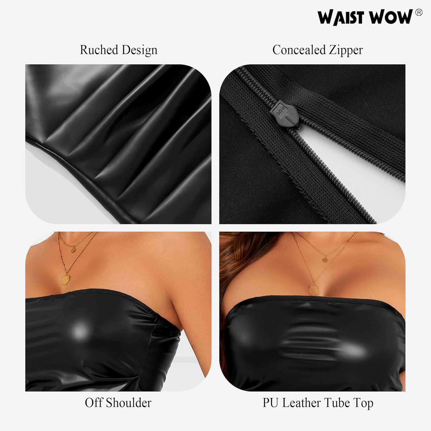 Women's PU Leather Tube Top Strapless Ruched Tank Tops Sexy Bandeau Going Out Shirt Partywear Club Concert Outfit - Image 5