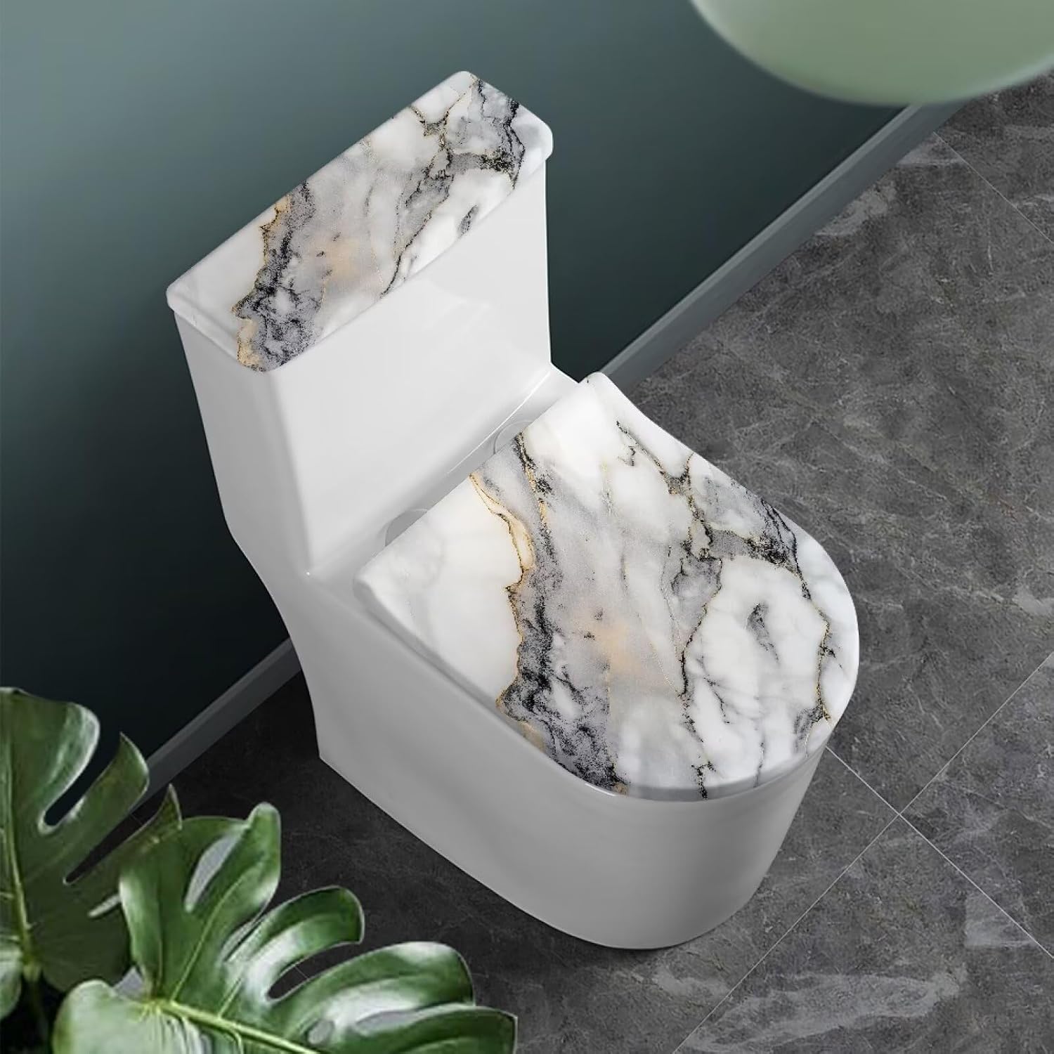 Toilet Seat Lid Cover Pack of 2, for Home Indoor Bathroom Decor, Tank Lid Cover Replacement with Stretch Edges Fits Most Toilets, Grey White Marble