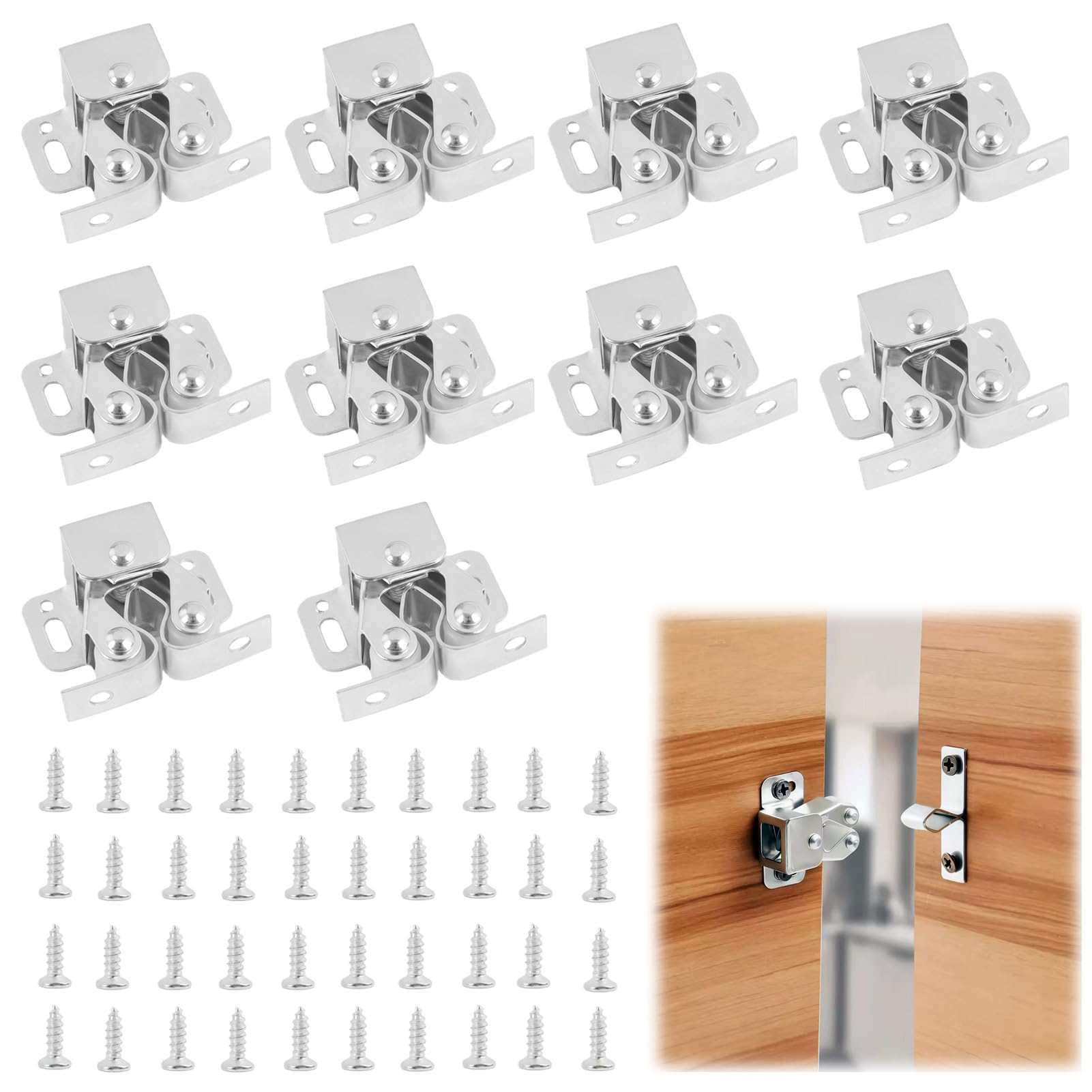 Ceoxthao Silvery 10 Pcs Double Roller Catch Door Catches - Twin Roller Closet Catch Hardware, Double Ball Roller Tension Door Catches, Door Retainer Catch, Zinc Plated For Enhanced Durability And Performance