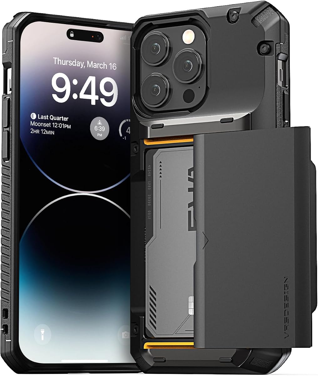 VRS DESIGN Damda Glide Pro - Funda para iPhone 14 Pro Max, resistente tipo cartera semiautomática [4 tarjetas] con ranura para tarjetas, compatible con iPhone 14 Pro Max (2022), color negro mate