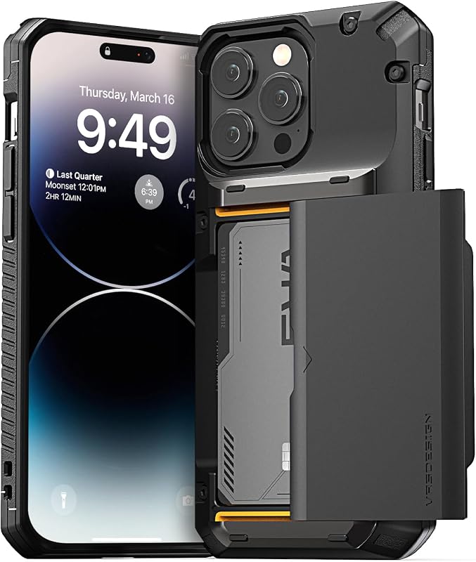 VRS DESIGN Damda Glide Pro - Funda para iPhone 14 Pro Max, resistente tipo cartera semiautomática [4 tarjetas] con ranura para tarjetas, compatible con iPhone 14 Pro Max (2022), color negro mate