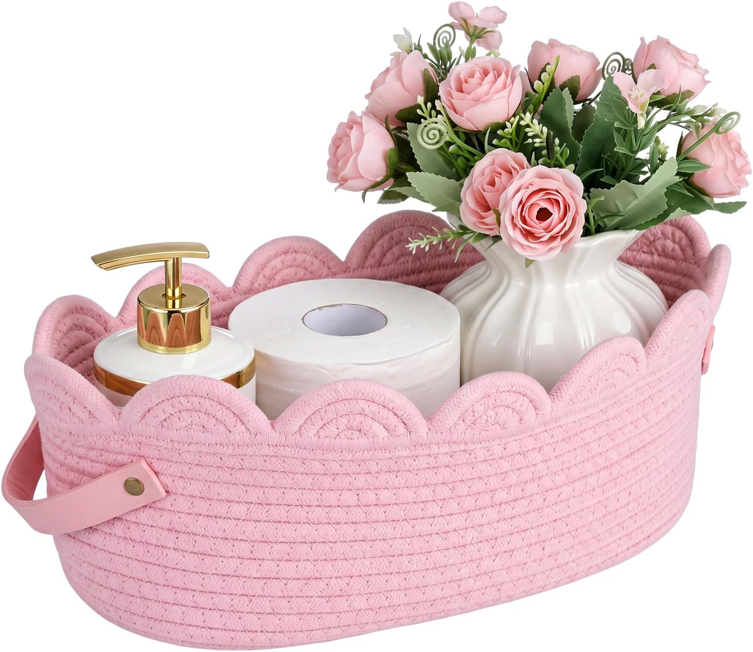 13 Inch Toilet Paper Basket Boho Cotton Rope Bathroom Storage Organizer with Handle, Bathroom Decor Accessories for Bedroom Nursery Toys Organizing(Pink)