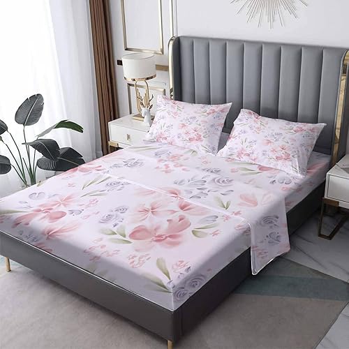 Juego de sábanas de flores tamaño King, sábanas con estampado floral rosa, sábanas y fundas de almohada de 4 piezas, sábana bajera ajustable de