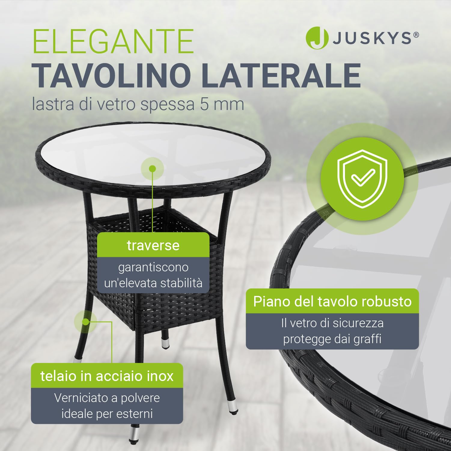 Juskys Polyrattan Set da balcone Bayamo 2 persone - Tavolo con piano in vetro & 2 sedie - Mobili da balcone resistenti alle intemperie - Cuscini lavabili - nero - grigio