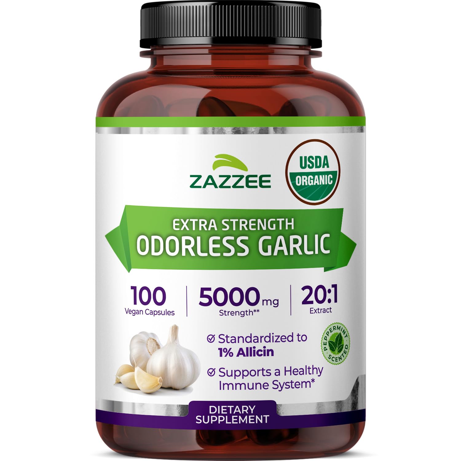 USDA Organic Odorless Garlic 20:1 Extract, 1% Allicin, 100 Vegan Capsules, 3+ Month Supply, Allium Sativum, Immune, Circulation & Heart Health Support, All-Natural, Non-GMO, Made in the USA
