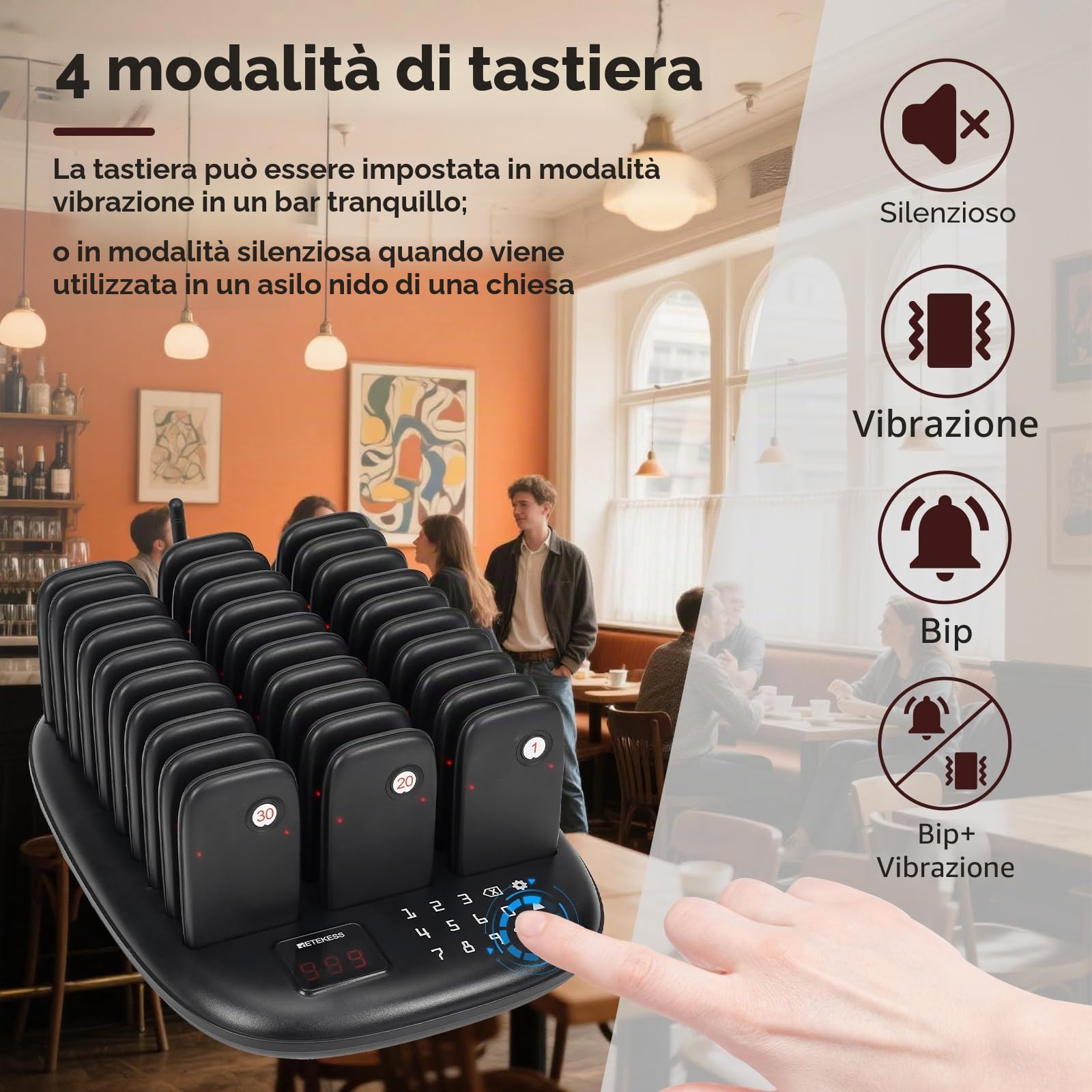 Retekess TD175P Cercapersone Ristorante, 30 Cercapersone, 800M Pager Ristorante, Facile da Configurare, 7 Modalità di Chiamata, Cercapersone Wireless per Area Ristorazione, Hotel, Chiesa