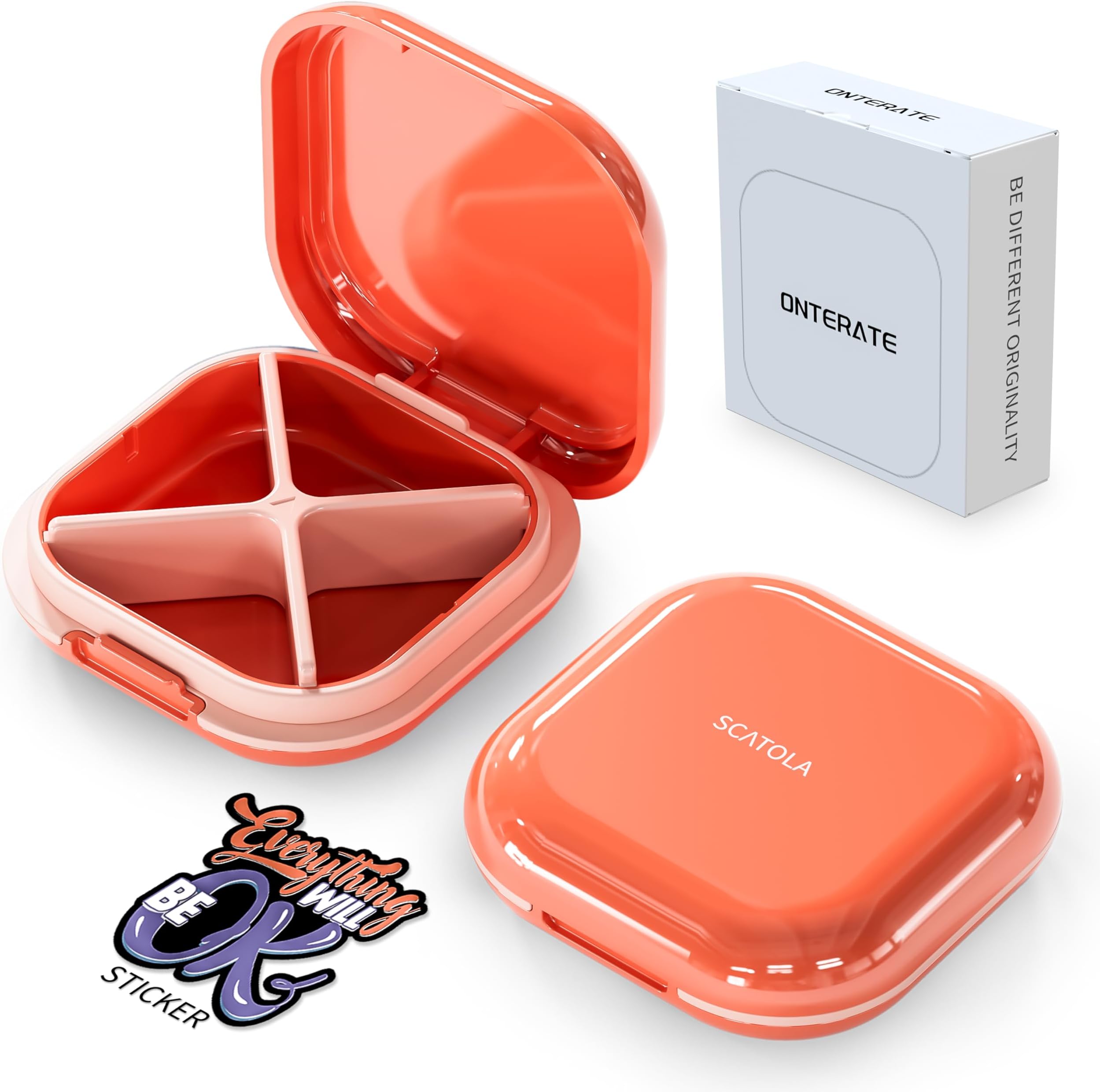 ONTERATE Small Pill Case, Travel Pill Box, Portable Pill Organizer, Pill Container for Pocket 4 Compartments, Daily Compact Travel Medicine Holder for Vitamins Medication (Pink)