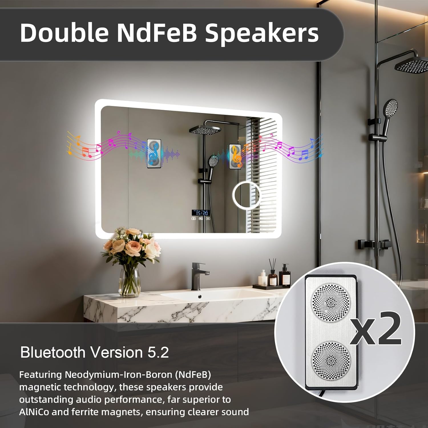 LUVODI 80x60cm Bluetooth Ora Data Specchio Bagno Led Luce Ingranditore 3X Antiappannamento 3000K-6000K Dimmerabile 3 Colori Luce Funzione memoria Specchio in Resina Specchio Retroilluminato Bagno