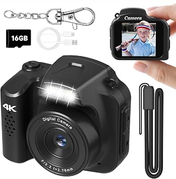 Mini Keychain Camera 4K 64MP Vintage Digital Camera,Pocket Retro Nostalgia Video Camera with LED Light and 16G Micro SD Card, Suitable for Teenagers, Adults, Kids, and Photography Beginners Black