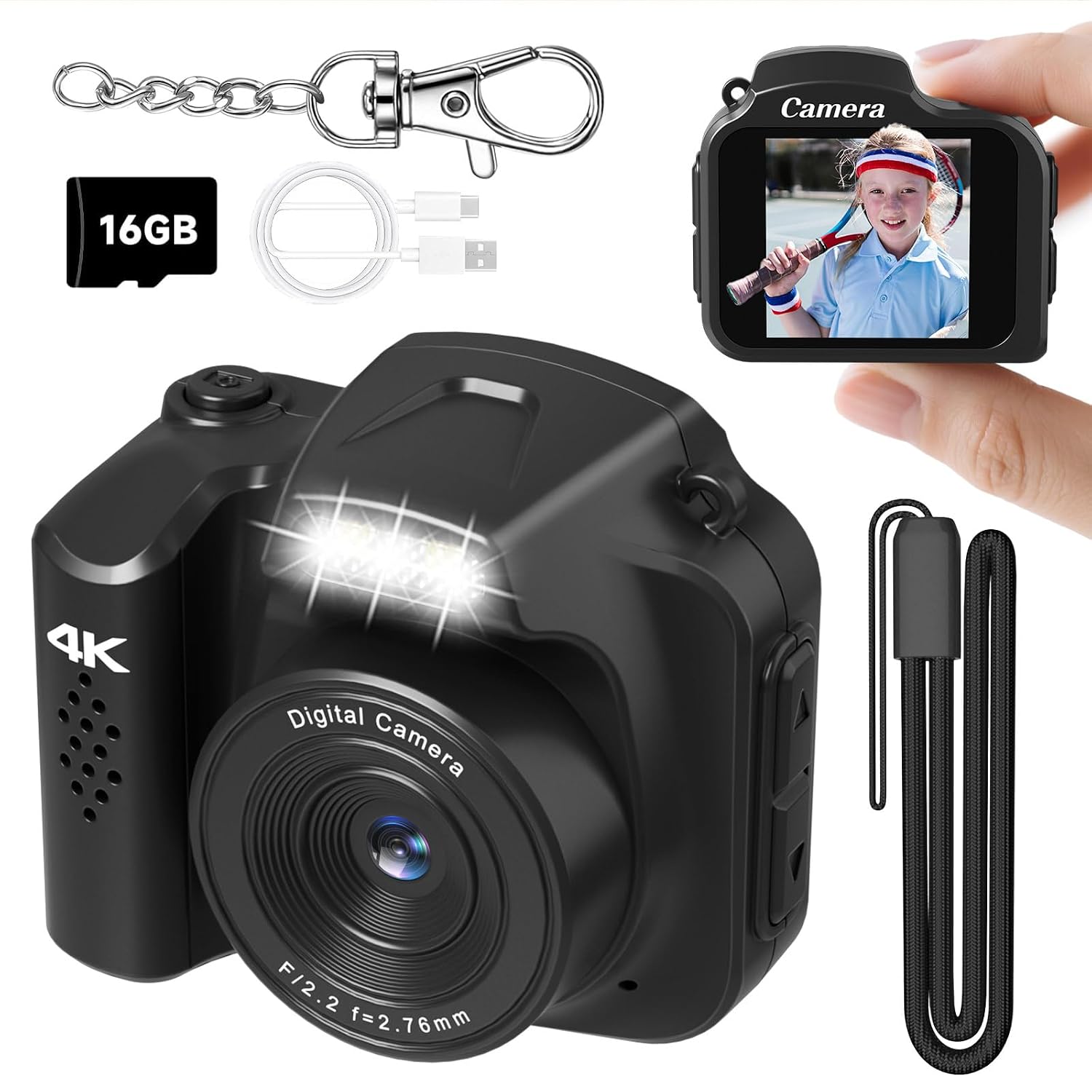 Mini Keychain Camera 4K 64MP Small Digital Camera,Pocket Retro Nostalgia Video Camera with LED Light and 32G Micro SD Card, Suitable for Teenagers, Children, and Photography Beginners Black