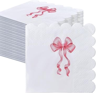 SietDESEO 50 Pieces 3-ply Pink Bow Napkins Disposable Folded 5 x 5 Inches Scalloped Cocktail Napkins Bow Theme Paper Napkins for Dinner Wedding Birthday Party Pink Dessert Napkins