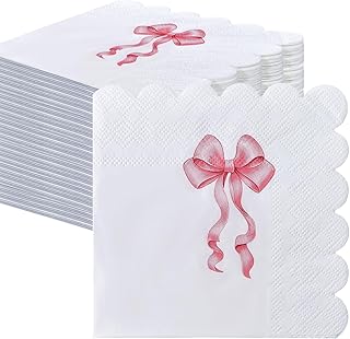 SietDESEO 50 Pieces 3-ply Pink Bow Napkins Disposable Folded 5 x 5 Inches Scalloped Cocktail Napkins Bow Theme Paper Napkins for Dinner Wedding Birthday Party Pink Dessert Napkins