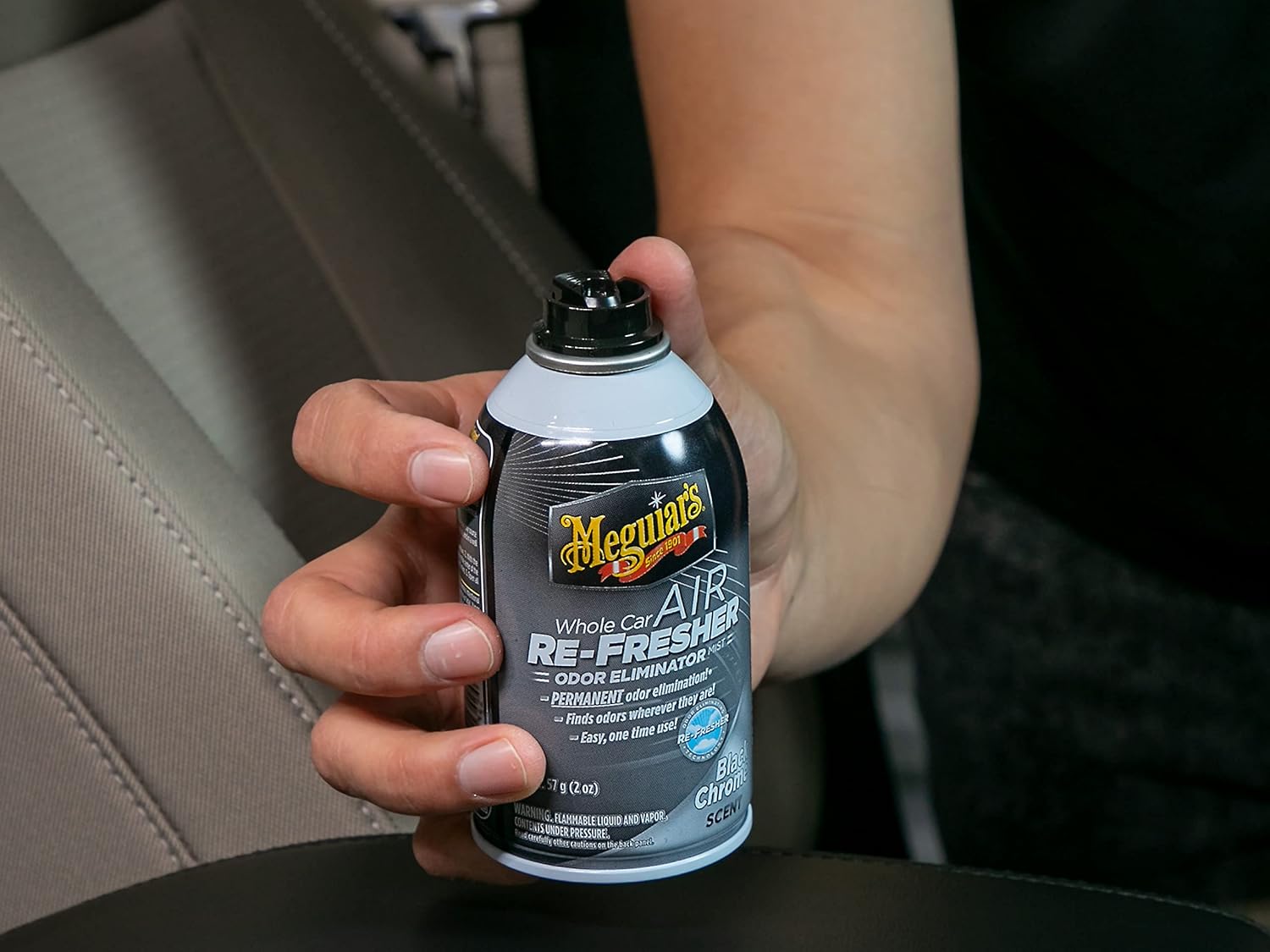 Meguiar's Whole Car Air Refresher, Car Odor Eliminator Spray Permanently Eliminates Unwanted Vehicle Odors Throughout Your Interior, Black Chrome Scent, 2 Oz Aerosol Canister 2 Ounce (Pack of 1) Black Chrome image 6 of 9 B06WRSV3FB