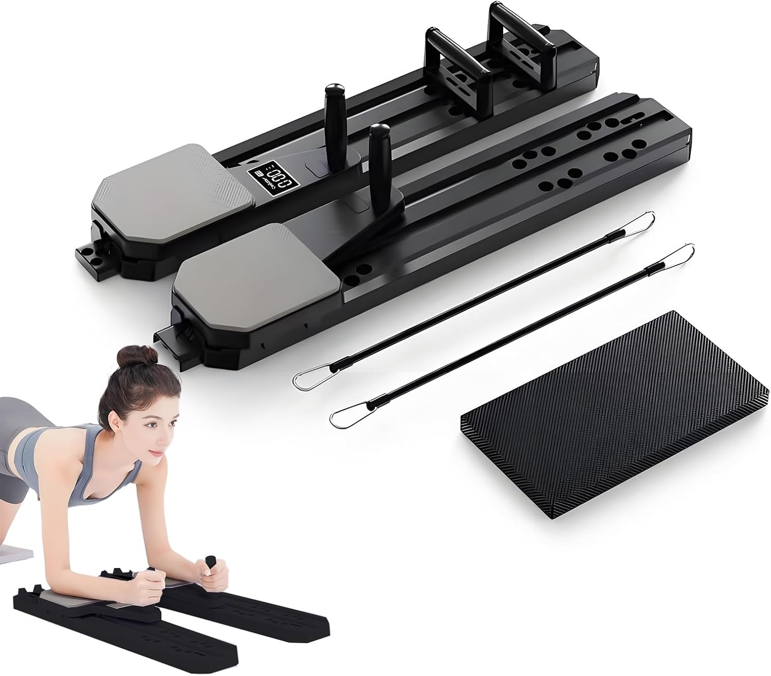Split Pilates Board, 8-in-1 Pilates Kit, Quiet Design Ski Exercise Machine, Combines Push Up Board and Ab Machine with Timer & Calorie Tracker for Full Body Workout & Core Training