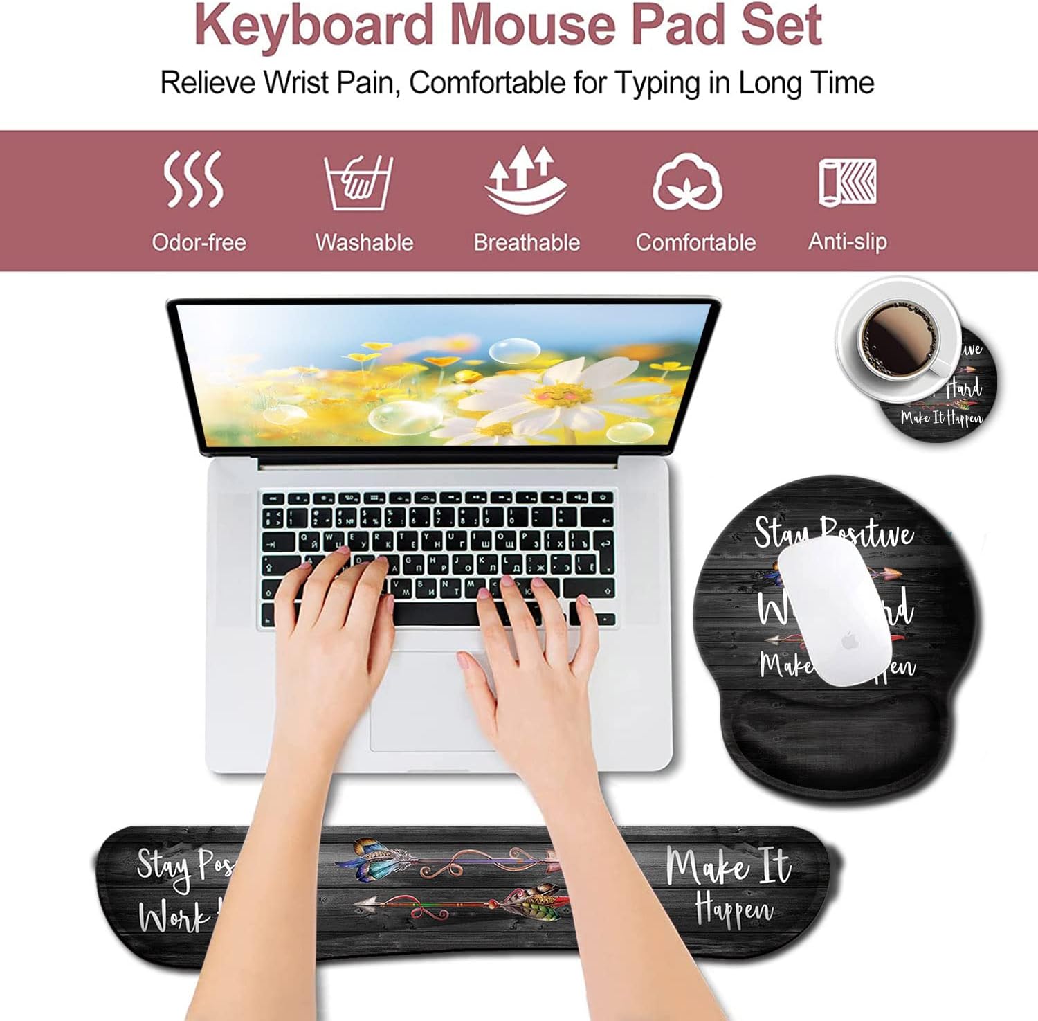 Ergonomic Mouse Pad with Gel Wrist Rest Support,Non-Slip PU Base for Computer Laptop Home Office Stay Positive Work Hard and Make It Happen,Silver Glitter Black pad Memory Foam Keyboard Wrist Rest,