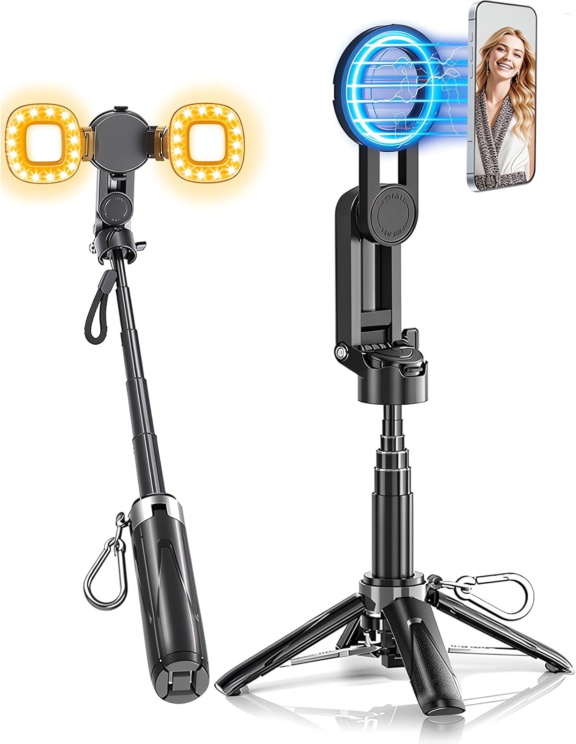 Magnetic Selfie Stick Tripod with Light, Travel Phone Tripod Stand for Magsafe, 4 in 1 Portable Pocket Size Selfie Stick with Metal Ring and Rechargeable Remote for iPhone/Android for Photo/Video