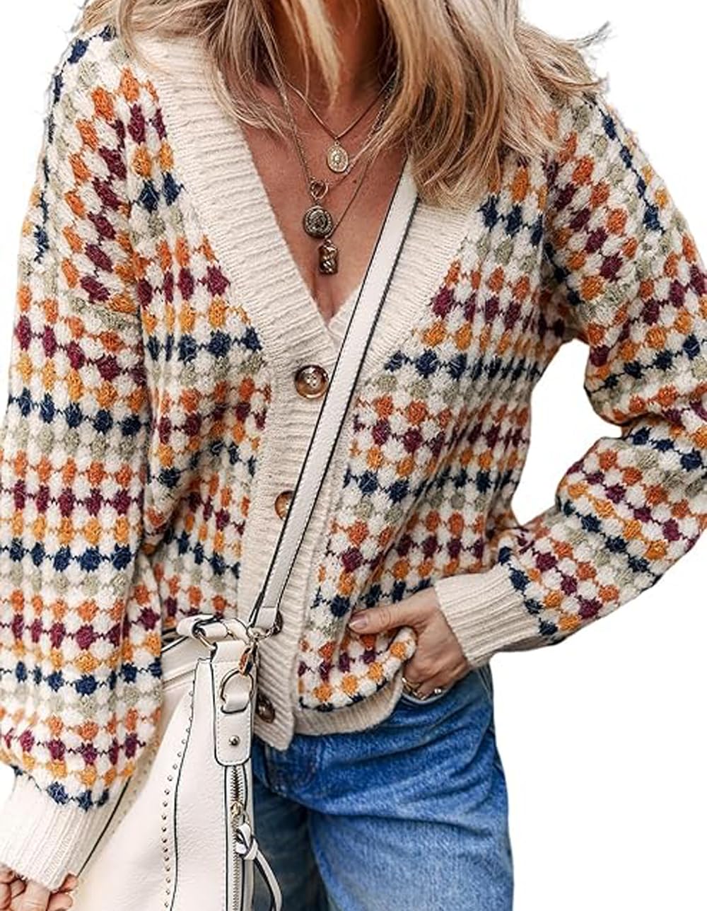 SELINK Womens Casual Dotty Pattern Knit Button Front Sweater Cardigan Polka Dot Long Sleeve V Neck Cardigan Sweater