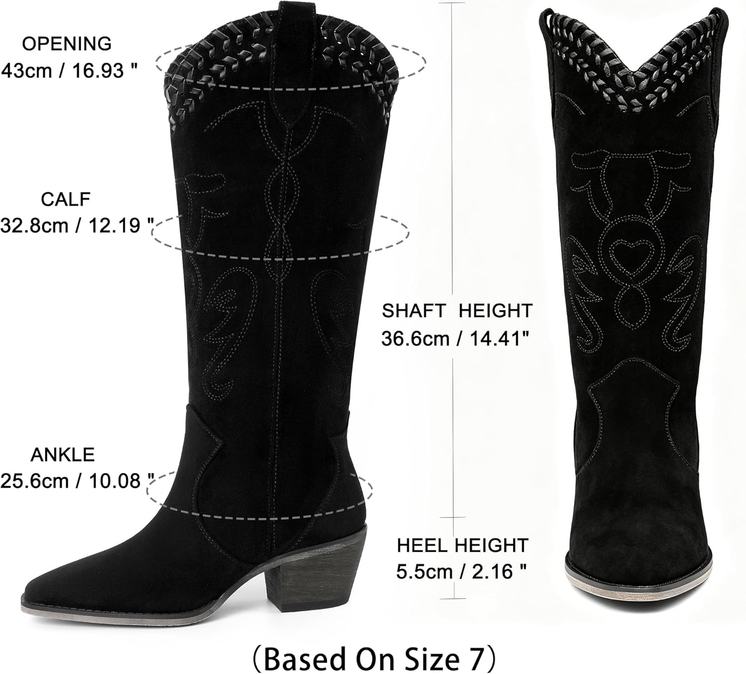 Reitoye Cowboy Boots for Women Knee High Cowgirl Boots Embroidered Square Toe Chunky Low Heel Western Boot Pull On Wide Calf Country Boots