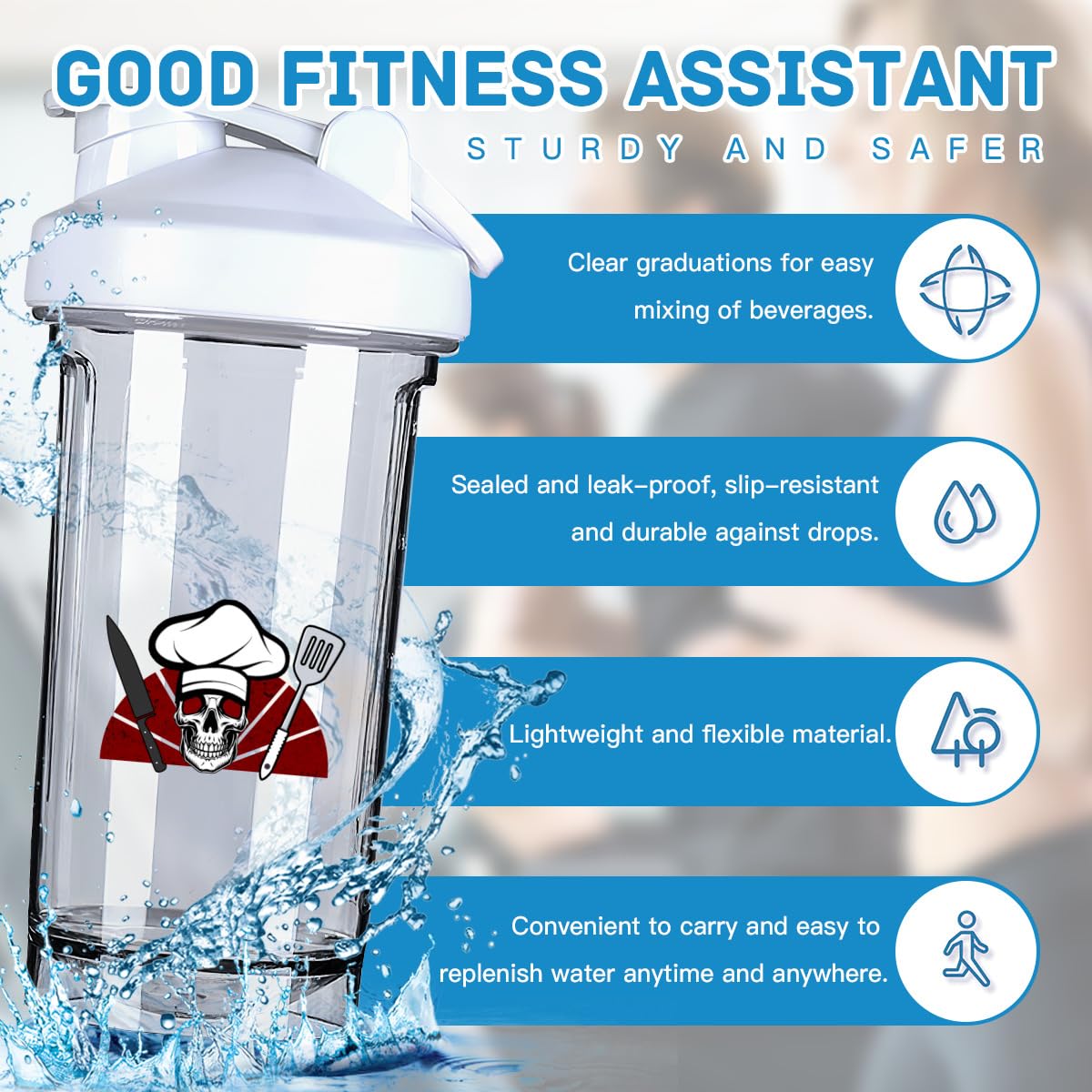 Skull Knife Chef Hat 1 18 Ounce Shaker Cup,Fashion Theme Pattern Shaker Bottle Leak-proof Workout Shake Bottles 500ML/18 oz Perfect for Pre Workout