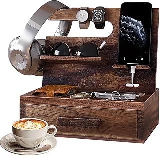 木製デスクオーガナイザー - 電話ドッキングステーション、引き出し収納 |メンズナイトスタンドホルダー、財布キートレイ、時計オーガナイザー、夫のお父さん、ベッドサイドの棚、電子機器用の寝室、充電ドック