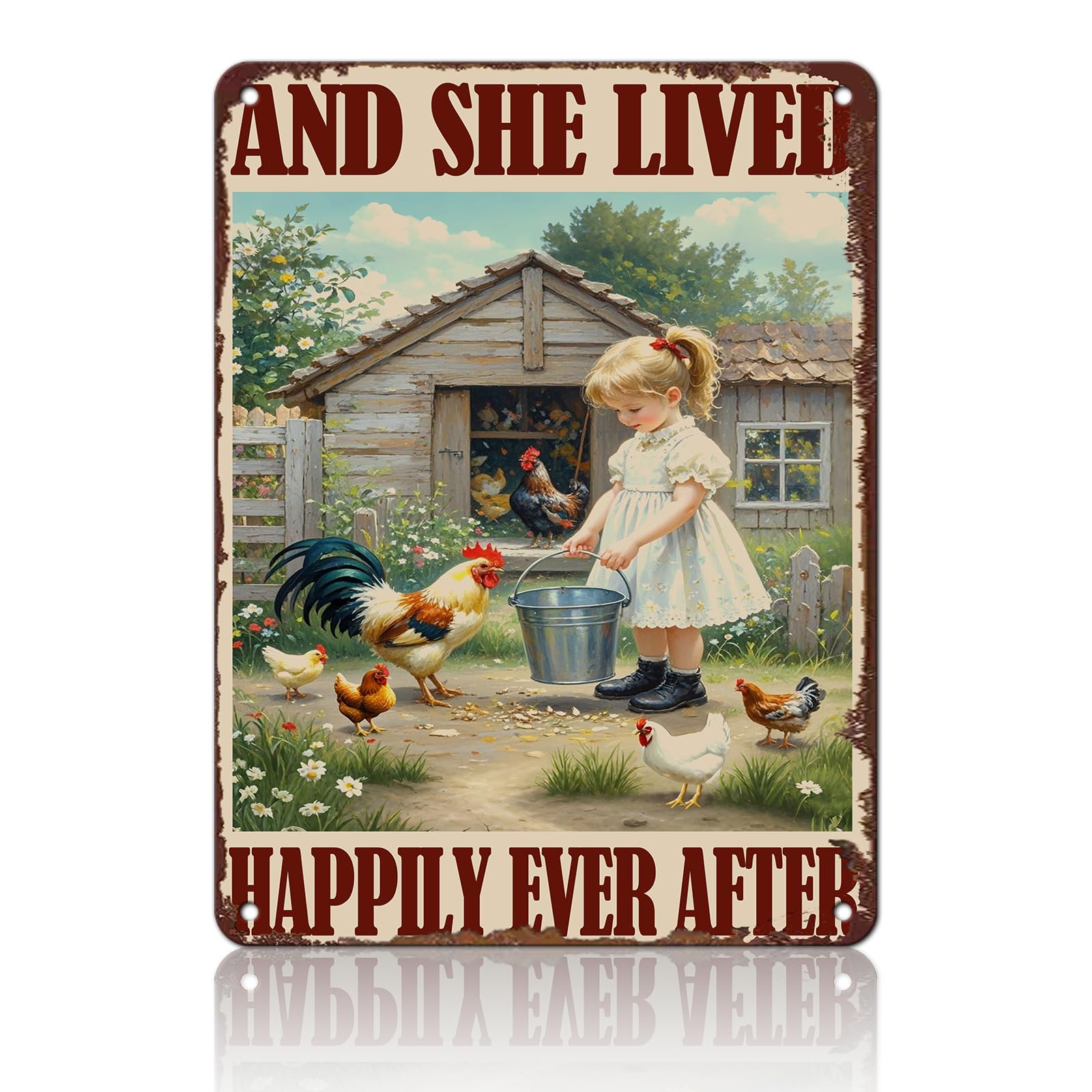 Anceky Funny Metal Tin Signs Girl and Chickens and She Lived Happily Ever After Vintage Metal Sign Retro Wall Decor for Home Bar Pub Cafe Garage Man Cave Garden Yard 8×12 Inch